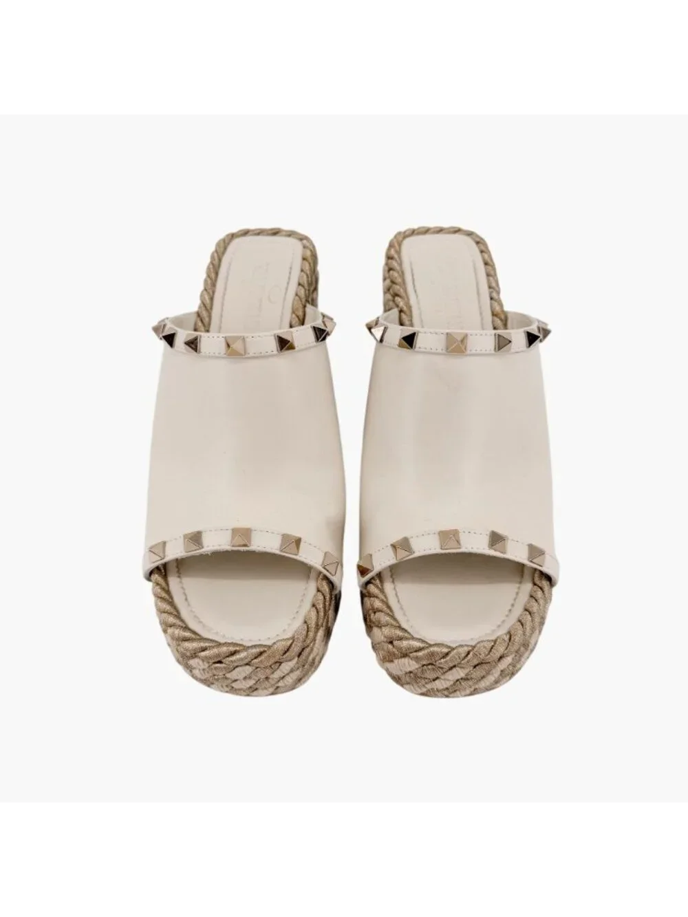 Valentino Rockstud Torchon Espadrille Wedge Sandals White Leather Size 39 US 9